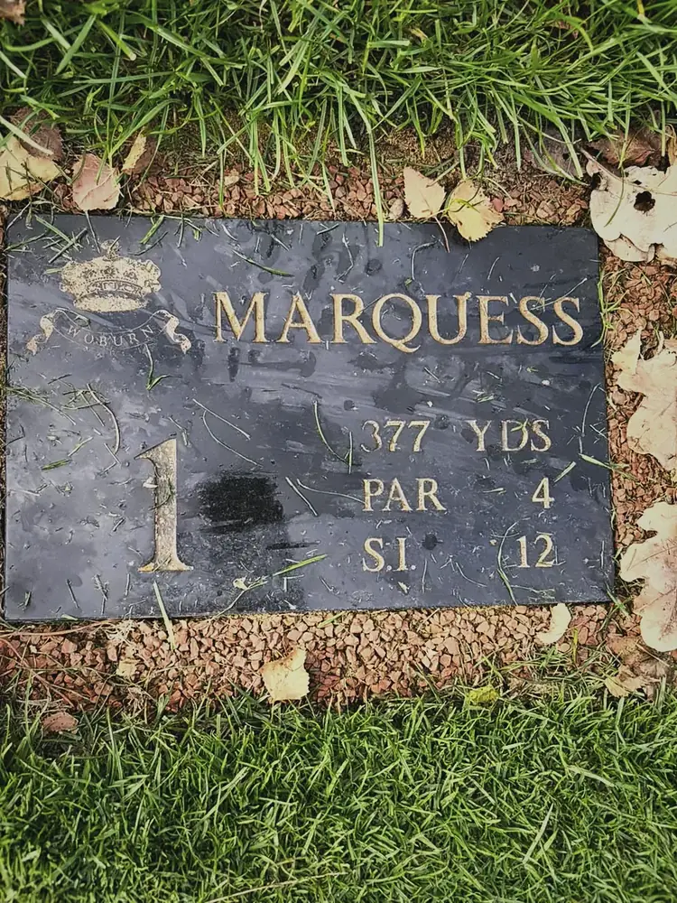 The first-hole marker on the Marquess course