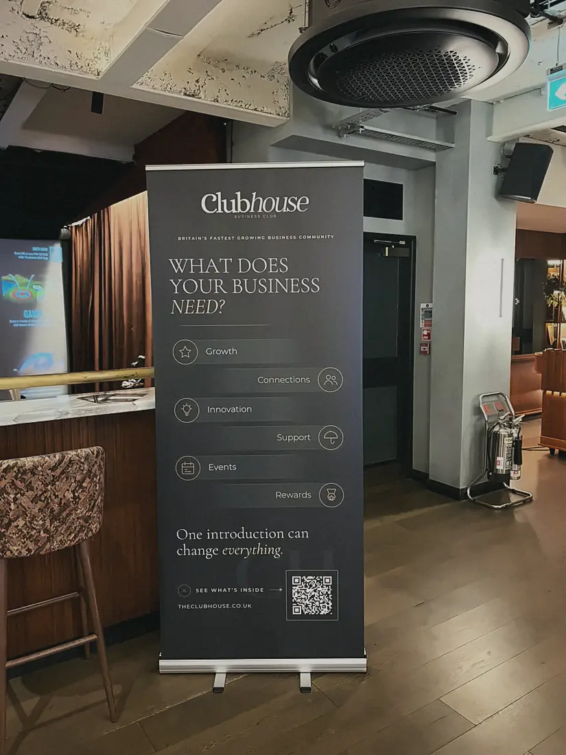 The Clubhouse banner by the bar at Pitch