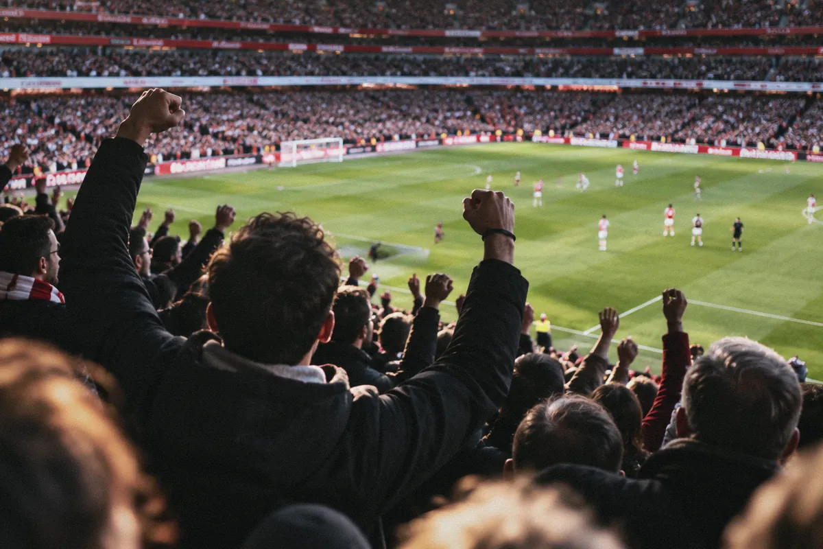 Fans celebrating in the stands at a Premier League match in late-afternoon light