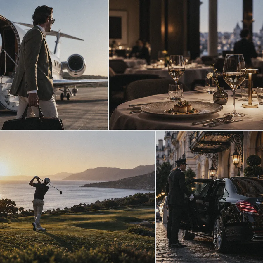 A member boarding a private jet, dinner in a fine-dining restaurant, golf by the coast at sunset and a chauffeur opening a car door outside a grand hotel