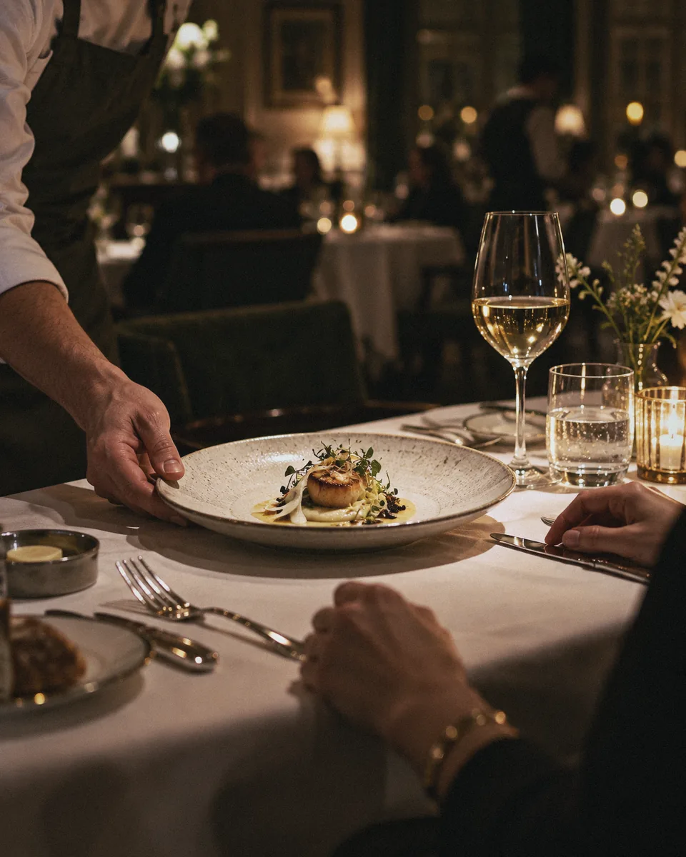 A waiter setting down a plated course at a candlelit fine-dining table