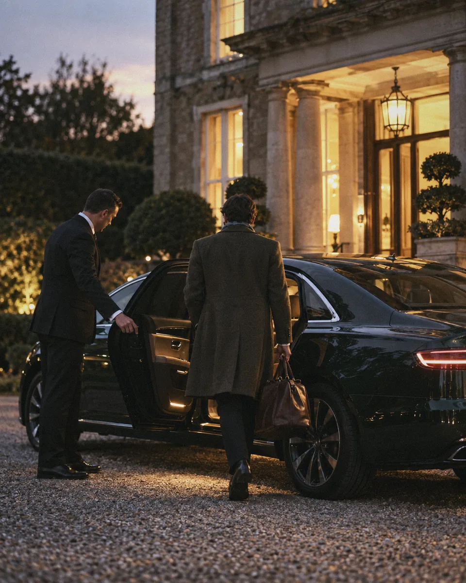 A chauffeur holding the car door open for a traveller outside a country house hotel at dusk
