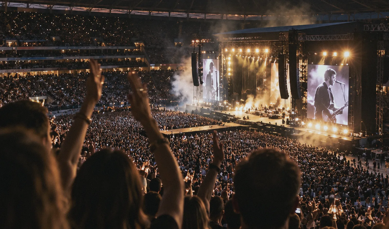 A stadium crowd with hands raised as a band plays under the lights at dusk
